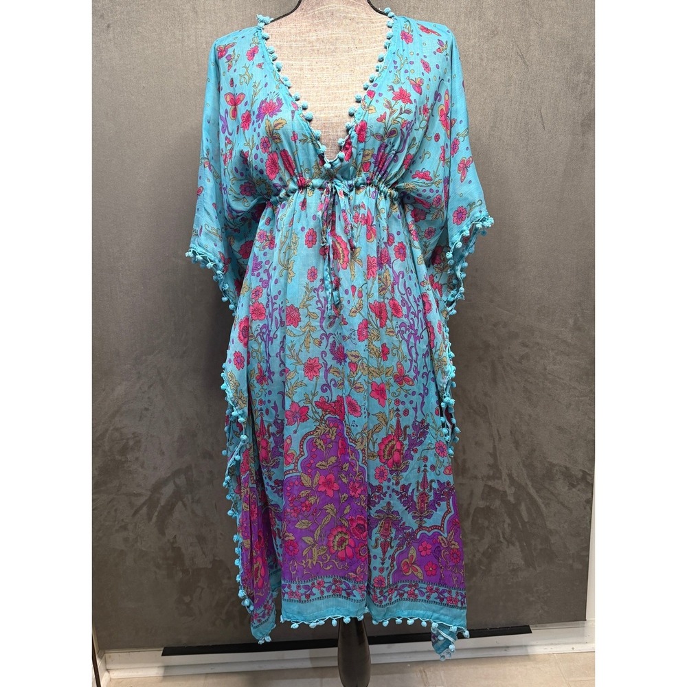 Raj Kaftan Womens OS Blue Pink Silk Floral Pom Pom Trim Boho Beach Swim Cover Up